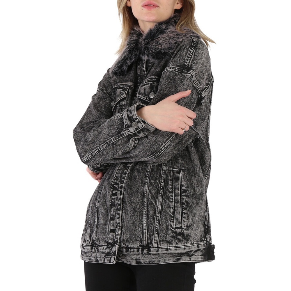 Michael Kors MK Women's Black Acid Washed Denim Jacket Faux Fur Collar Oversized